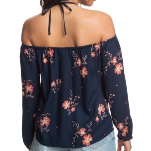 Roxy Women 8 Navy Floral Boho Beach Paradise Eyes Halter Off The Shoulder Top - Picture 3 of 15